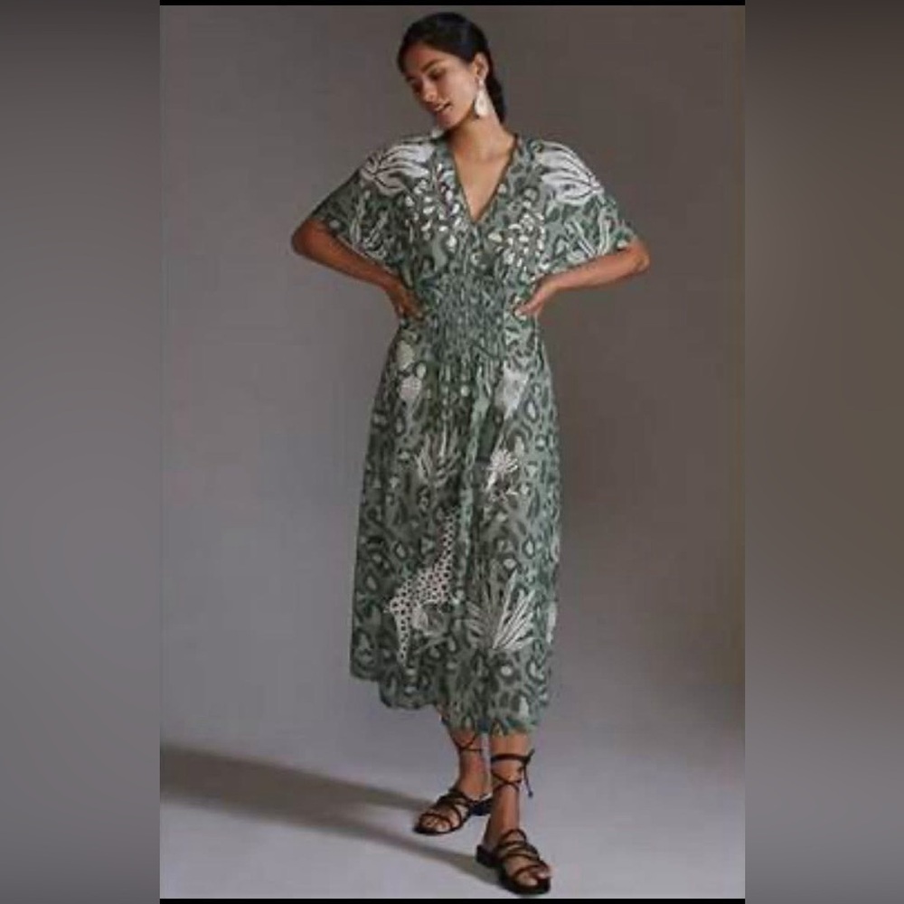Anthropologie Green & White V-Neck Dolman Sleeve Maxi Dress Bl_nk Tatiana Kaftan